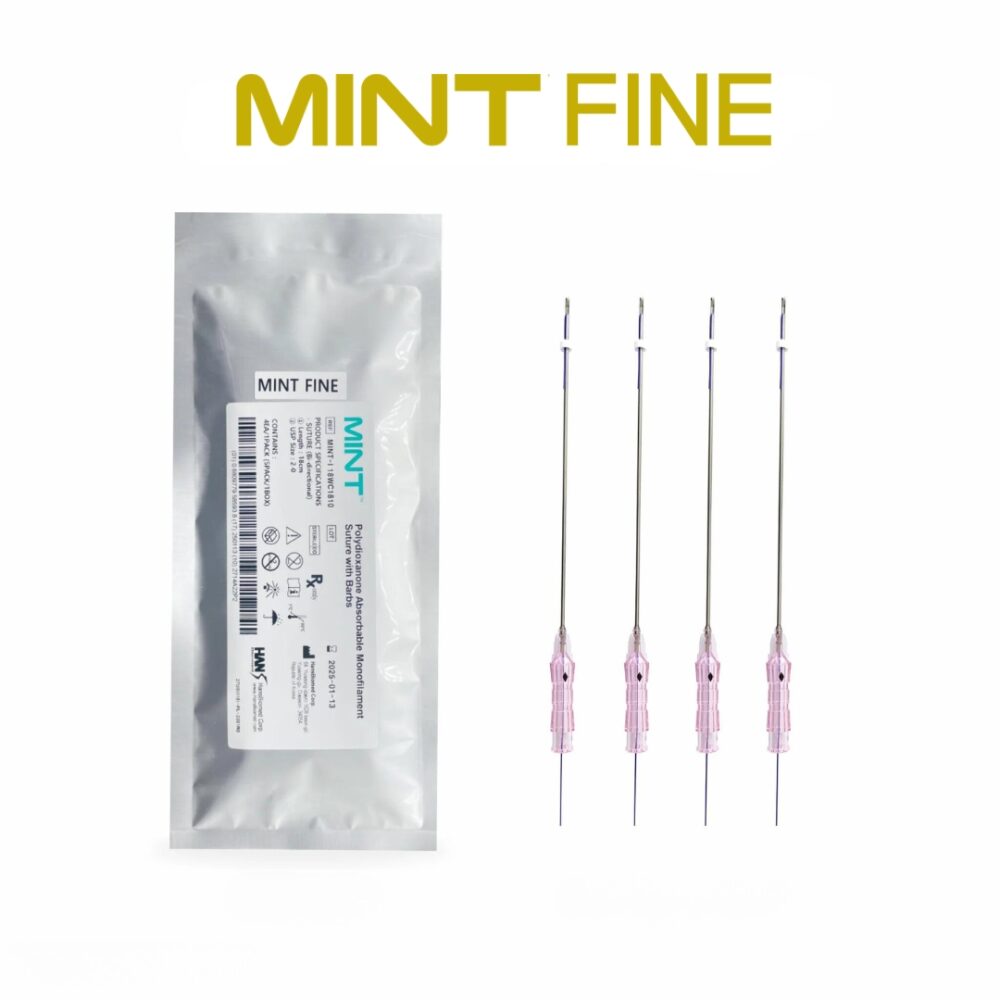 Hilos Mint Fine dispuestos en un sobre estéril de 4 unidades para lifting facial